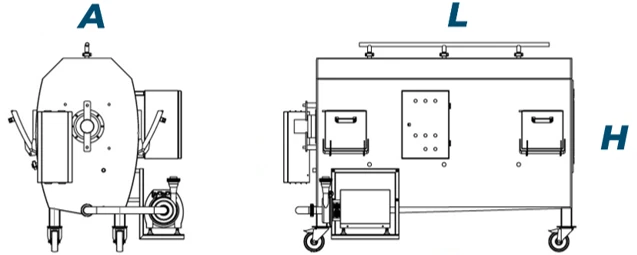 Rotary Whey Drainer Drum — dimension diagram (front and side views)